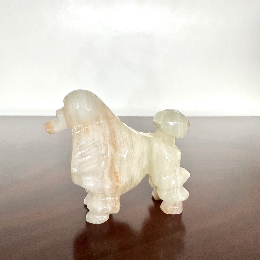 Vintage Onyx Poodle Cream Dog Figurine Blue Beaded Eyes